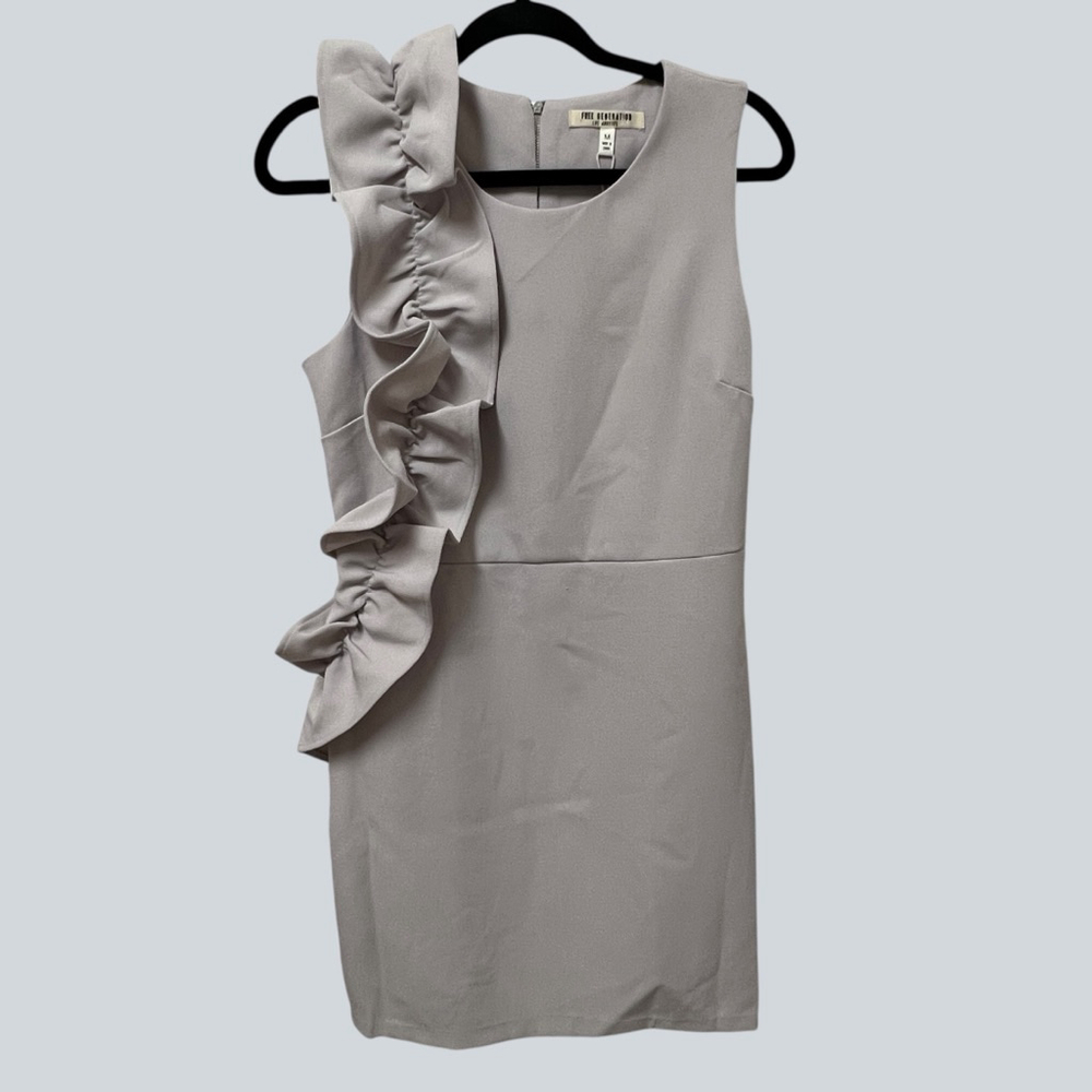 Light Gray Ruffle Sheath Dress M Statement Shoulder Cocktail Wedding Guest